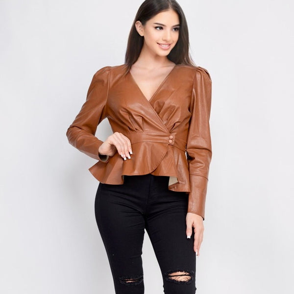 Peplum Wrap Faux Leather Shirt Jacket in Brown