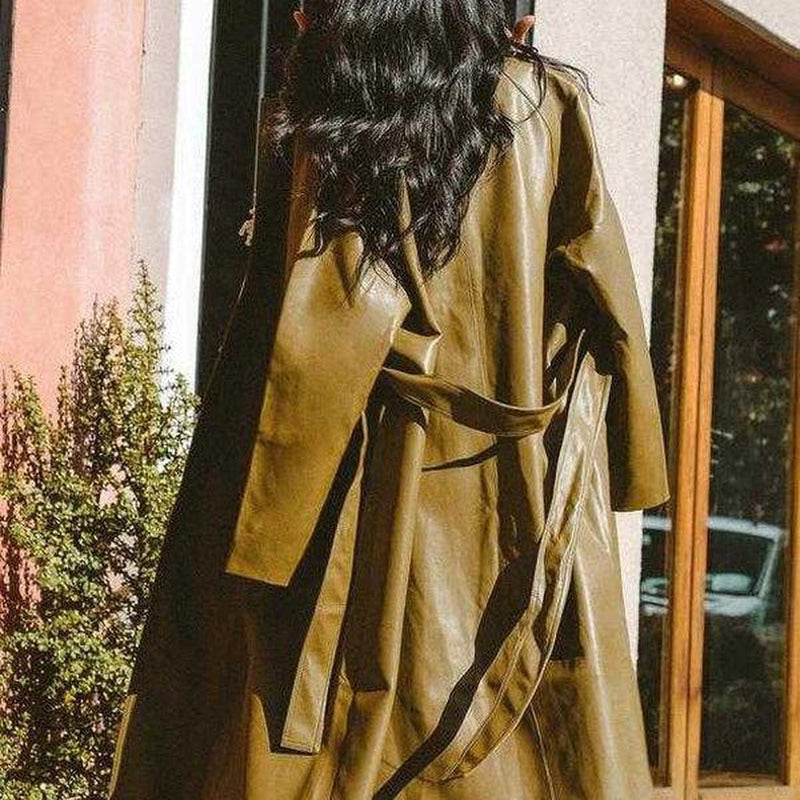 Olive Faux Leather Slick Trench Coat